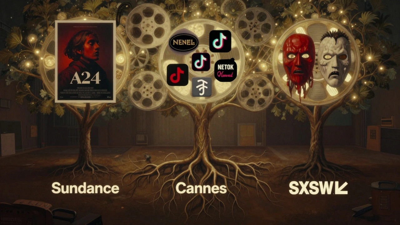 Abstract tree ecosystem with indie film distributors rooted in festivals, growing into glowing film reels above an empty studio lot.