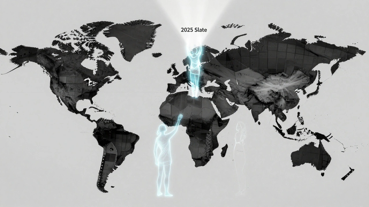 Abstract world map made of film strips, with glowing figures rising from underrepresented regions toward a central spotlight.