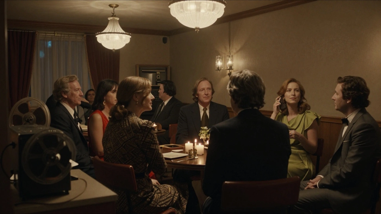 Academy voters in elegant attire sharing quiet reflections after an intimate post-screening event.