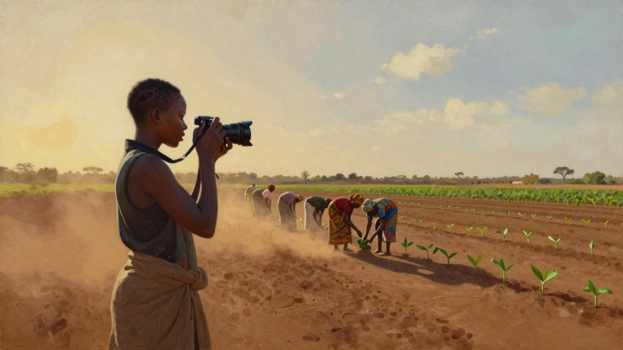 Amara Ndiaye filming women farmers in Senegal under golden hour light.
