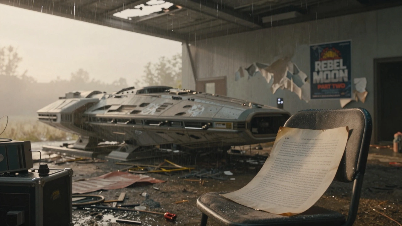 An abandoned film set at dawn with a peeled poster and scattered equipment under a leaking roof.