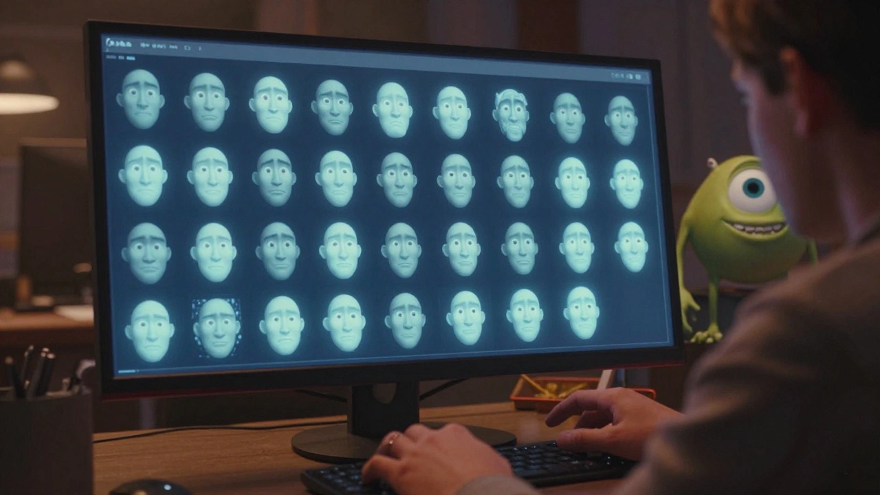 An animator working with holographic facial blend shapes in a studio, Sully from Monsters Inc. visible in background.