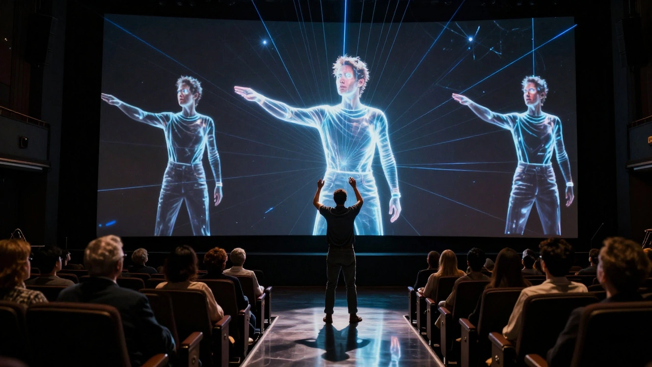 An audience watching a lifelike holographic actor on screen in a theater, with realistic lighting and reflections.