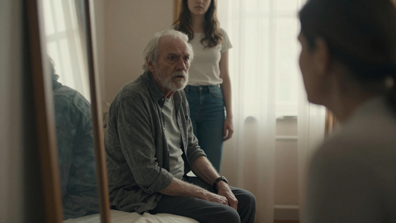 An elderly man stares at his reflection in a mirror, confused, as his daughter watches silently.