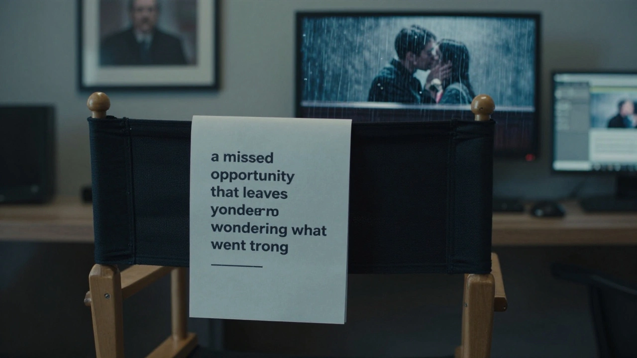 An empty director’s chair with a printed review on the monitor, surrounded by film stills.