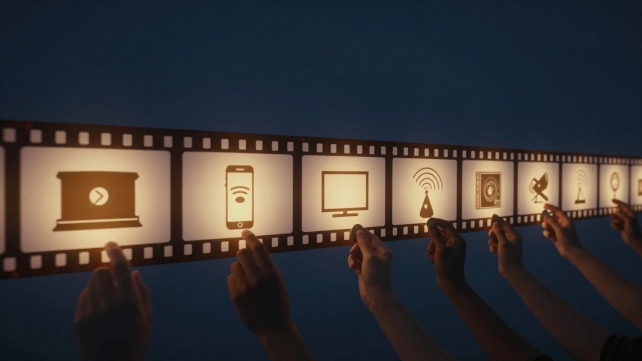 An endless film strip transforming into streaming icons and revenue sources, glowing gold against a dark background.
