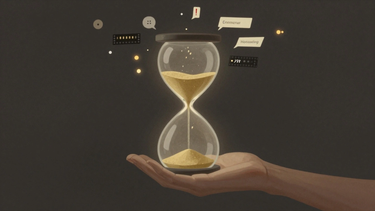 An hourglass filled with film frames hovers in the air, a hand hesitates to turn it — symbolizing restraint before review.