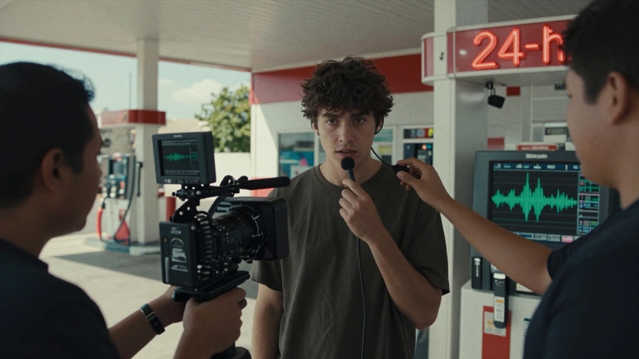 An indie film crew shoots a raw, emotional scene at a 24-hour gas station using natural light and a handheld camera.