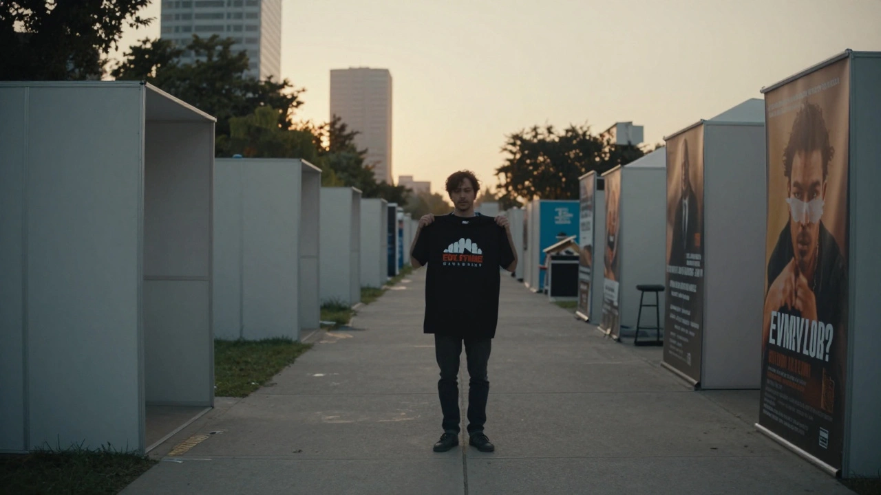 An indie filmmaker stands alone at dawn beside empty festival booths, holding a branded T-shirt.
