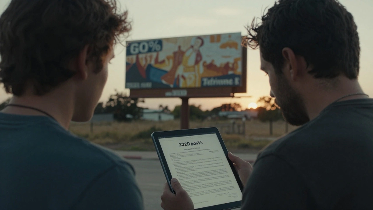 An indie filmmaker stares at a currency drop notification, a faded billboard behind them.