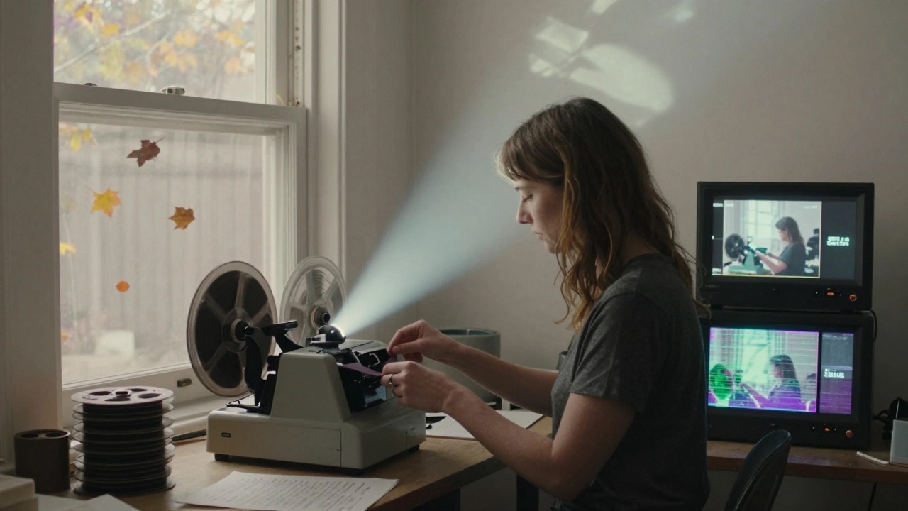 An indie filmmaker threading Super 8 film, with three versions of the same scene projected on walls in different formats.