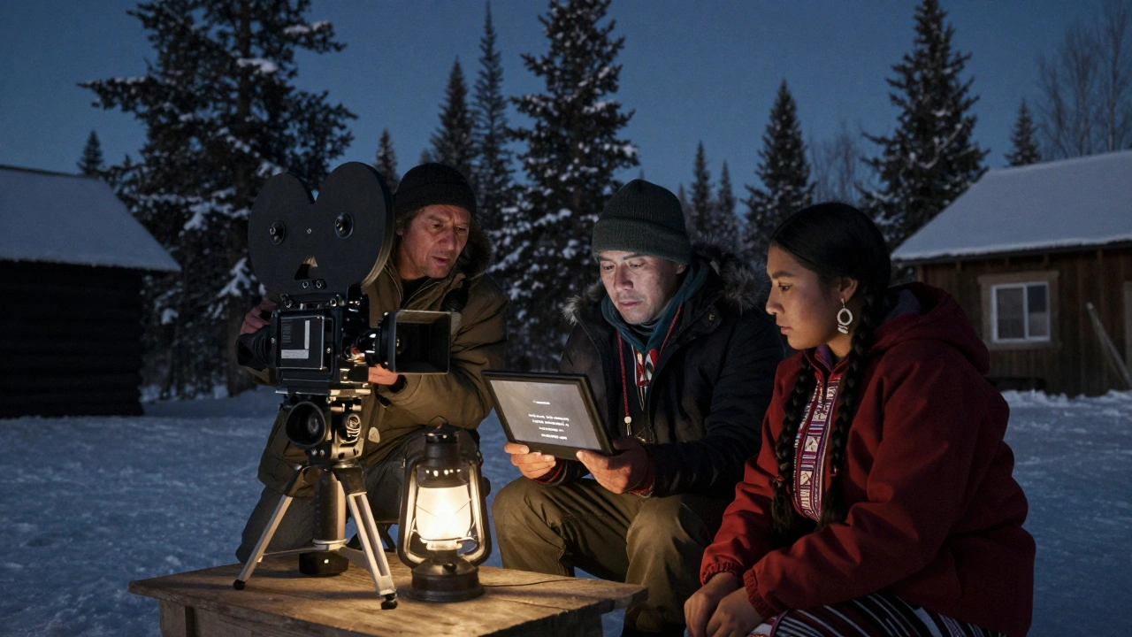 An Indigenous film crew works under a starry sky, reviewing footage by lantern light in a remote northern community.