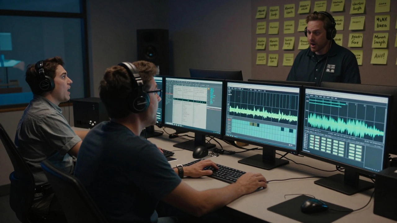 Animation studio technicians adjusting voice timing and cultural references in a dimly lit control room filled with notes and monitors.