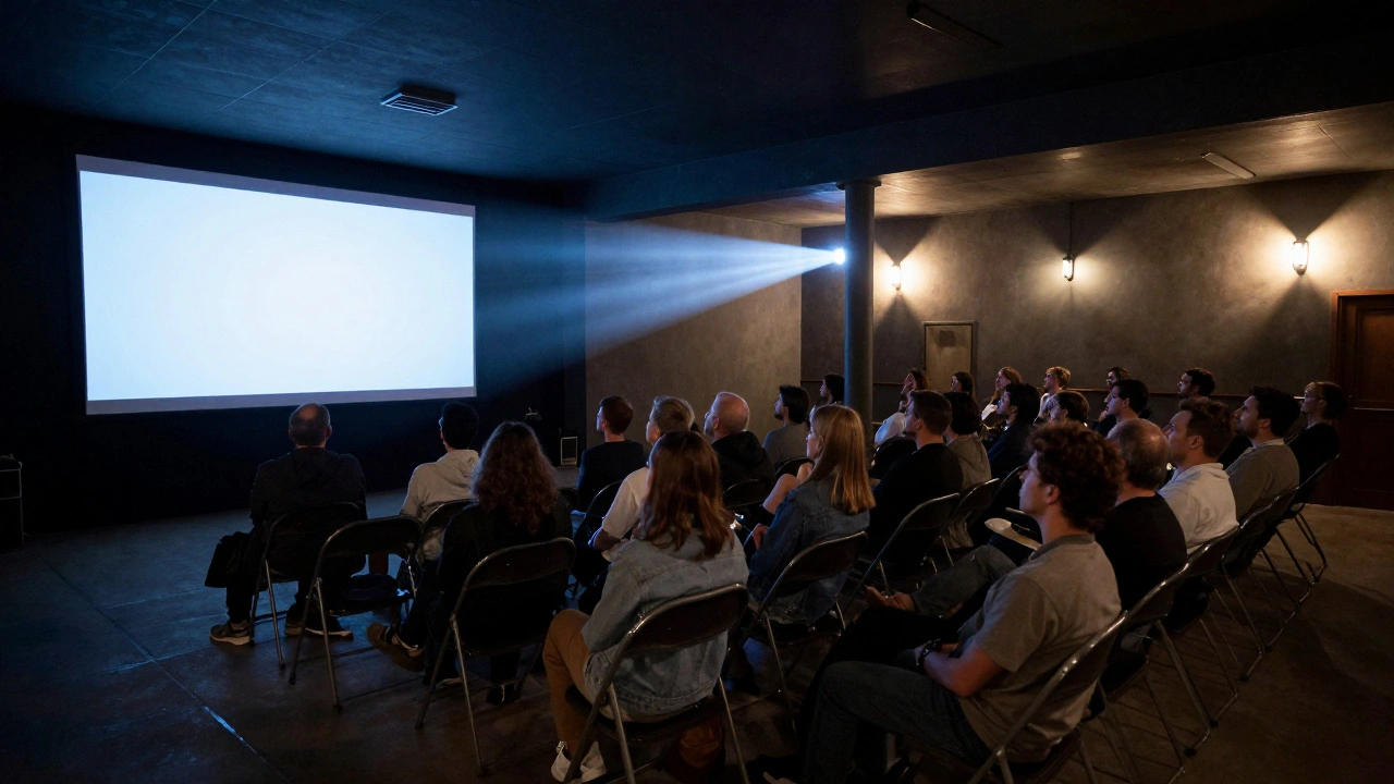Audience watching a film screening in a small community hall with projector light.