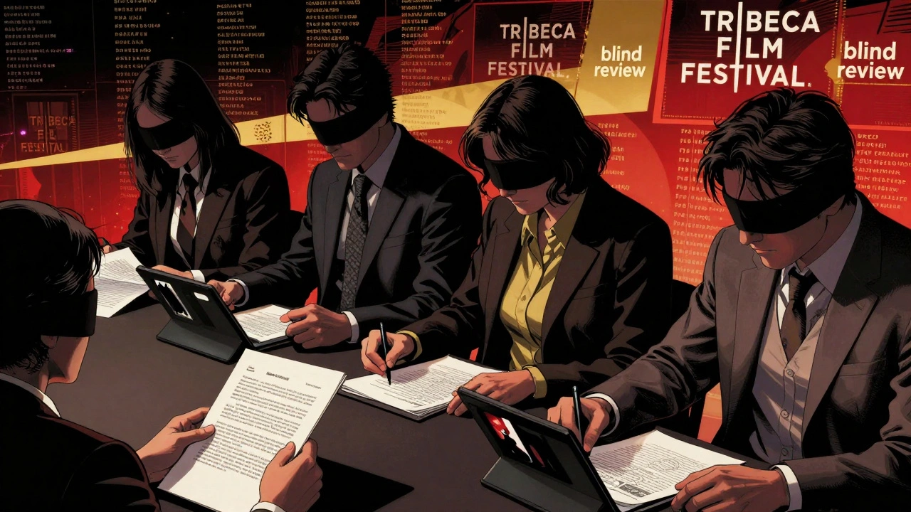Blind film review panel evaluating submissions with names hidden, dramatic comic book style.