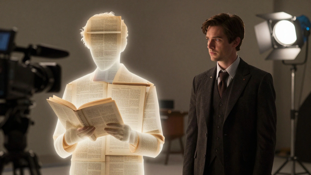 Book page silhouette standing beside actor on film set.