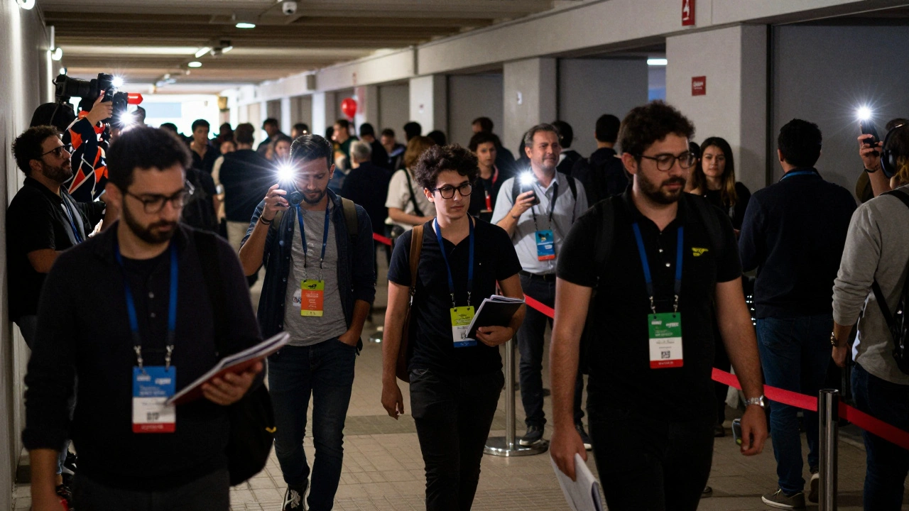 Busy film festival corridor with filmmakers and flashing cameras.
