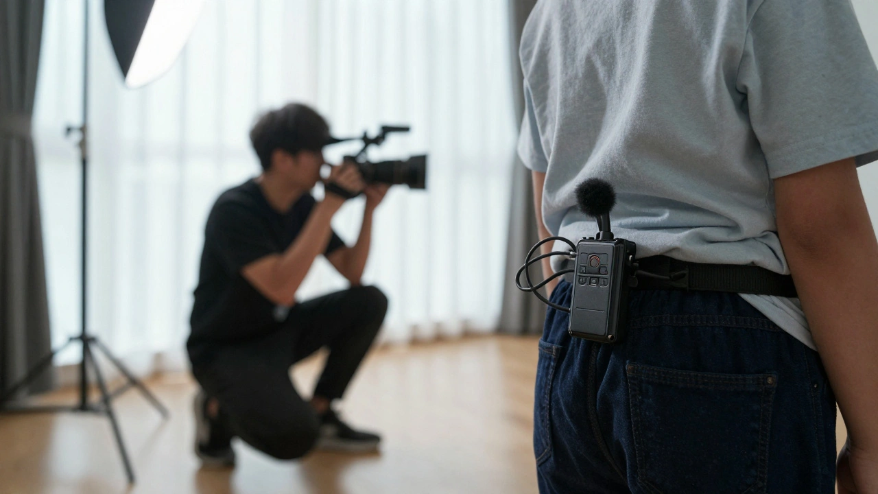 Camera crew filming child with wireless mic in natural light.