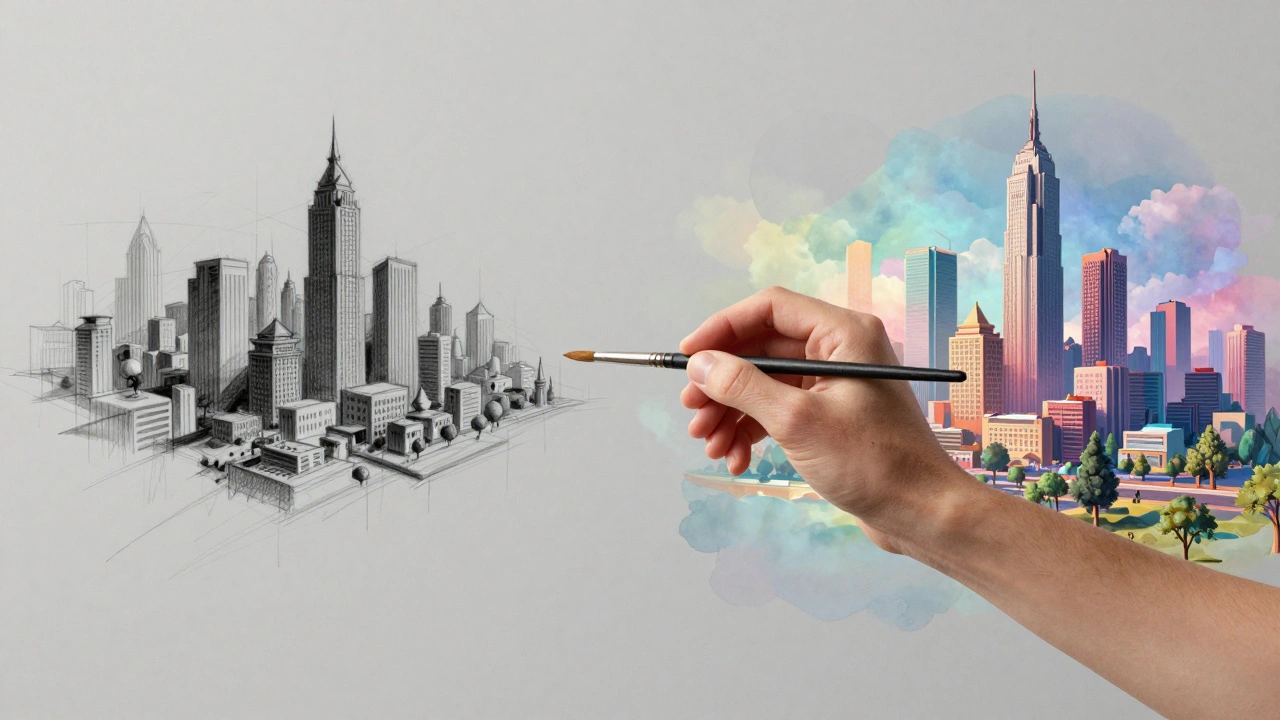 Charcoal sketch transitioning into 3D digital render of cityscape.