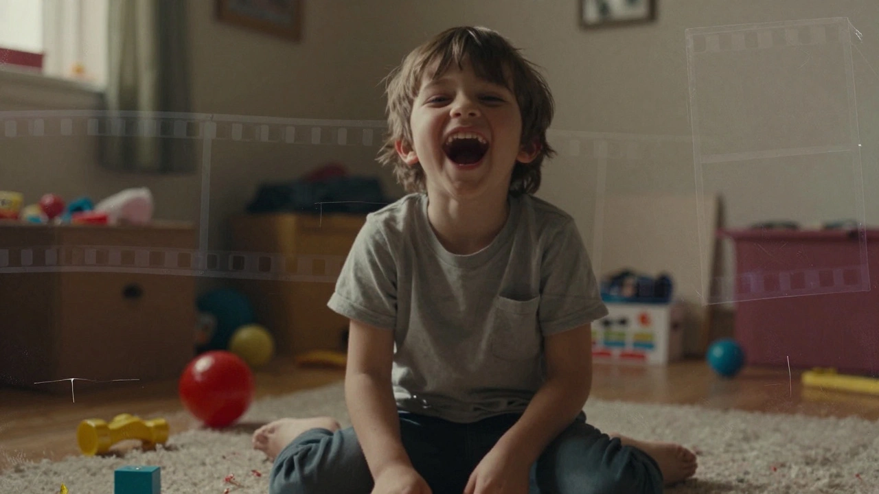 Child laughing naturally unaware of camera filming equipment.