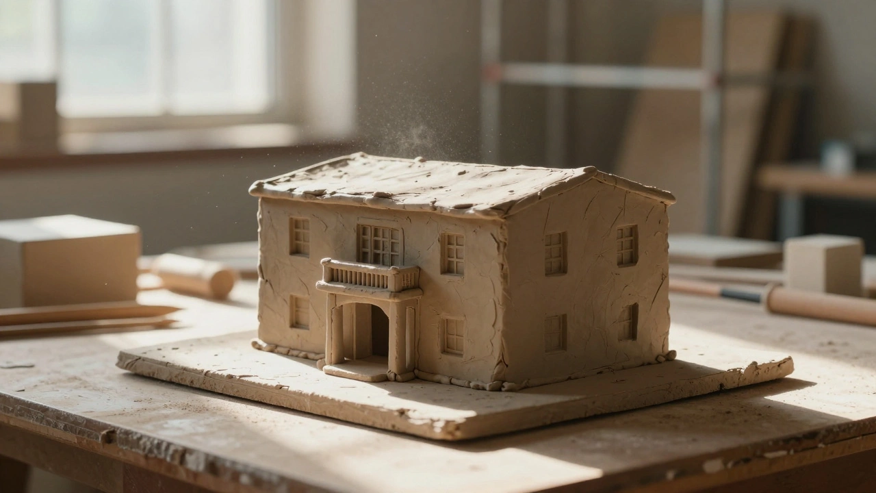 Clay miniature building model lit by a focused shaft of dust-filled light