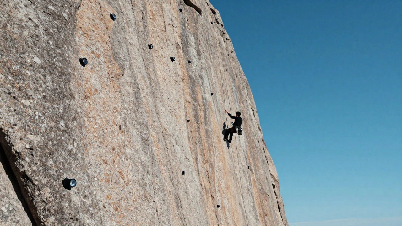 Climber hanging on a steep cliff with hidden cameras embedded in the rock face, sunny day.