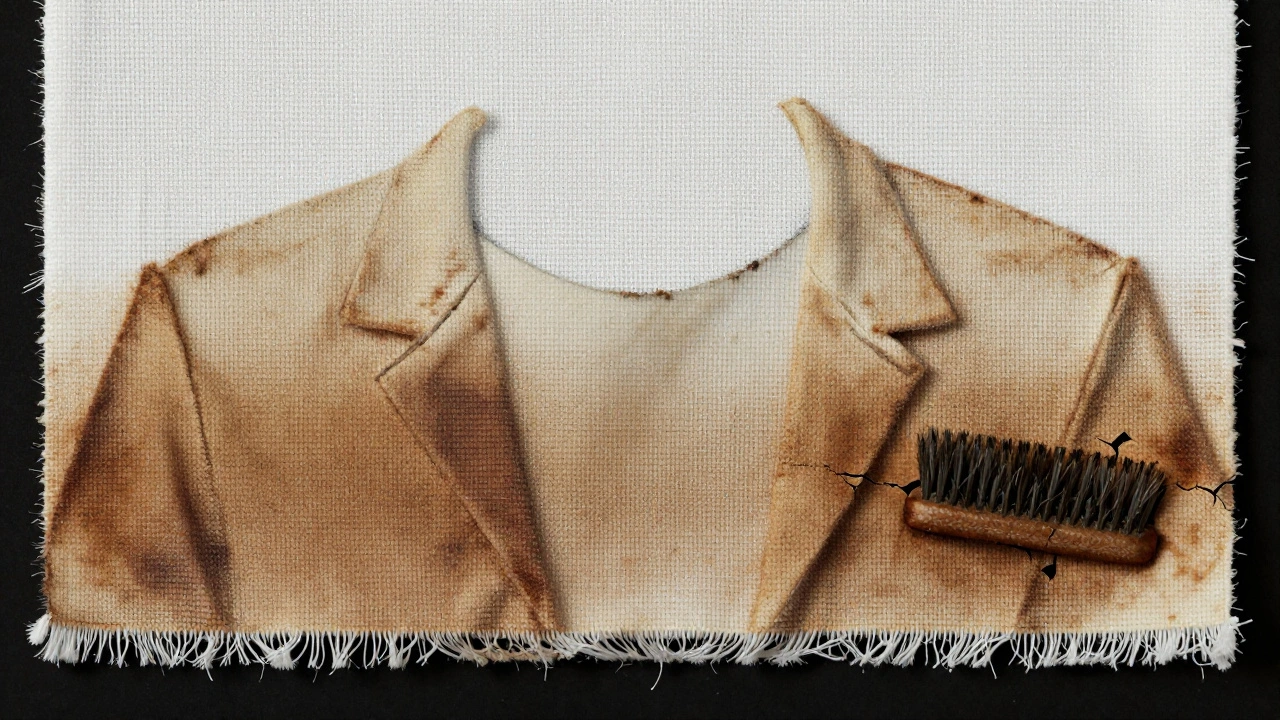 Close-up of fabric showing layered wear: fading, stains, fraying, and dirt paste.