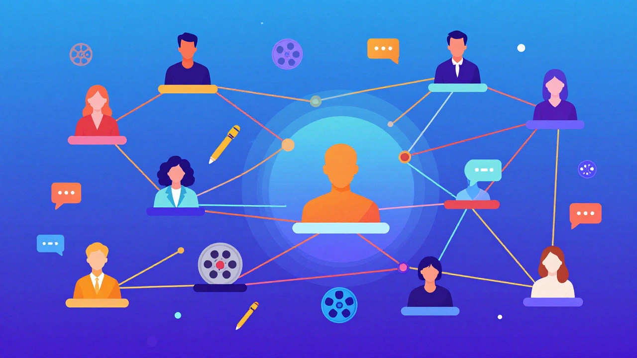 Colorful illustration of connected writers and film enthusiasts.