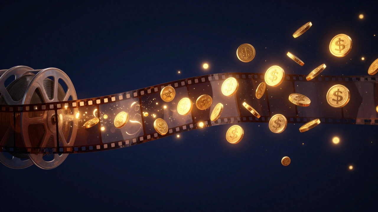 Conceptual art showing a film strip transforming into glowing golden coins and light particles.