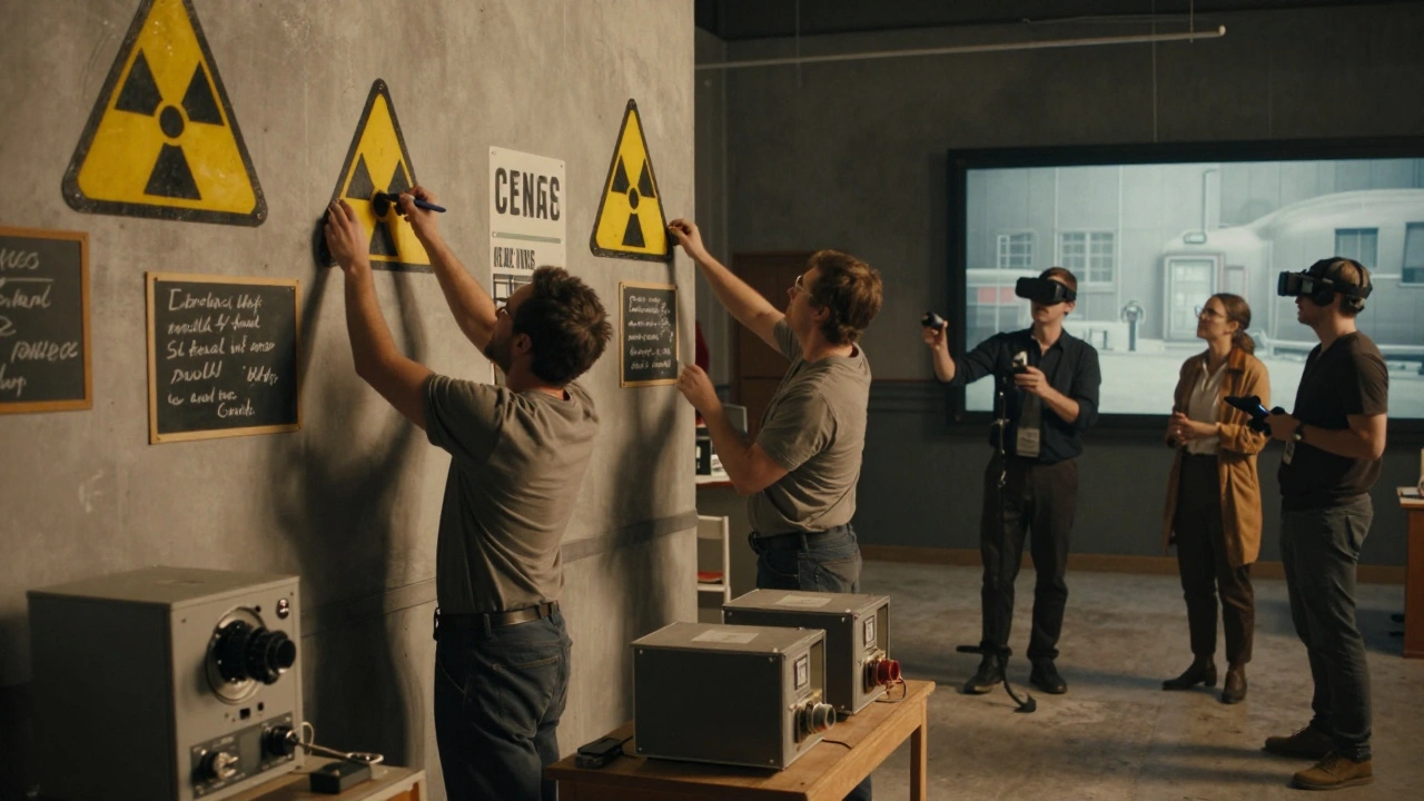 Construction, set decoration, and graphics teams collaborating on a 1940s nuclear lab set with digital model in background.