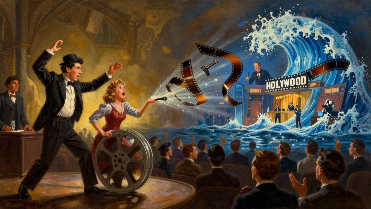 Contrast between silent film icons and the rise of Hollywood talkies, with sound waves transforming cinema globally.