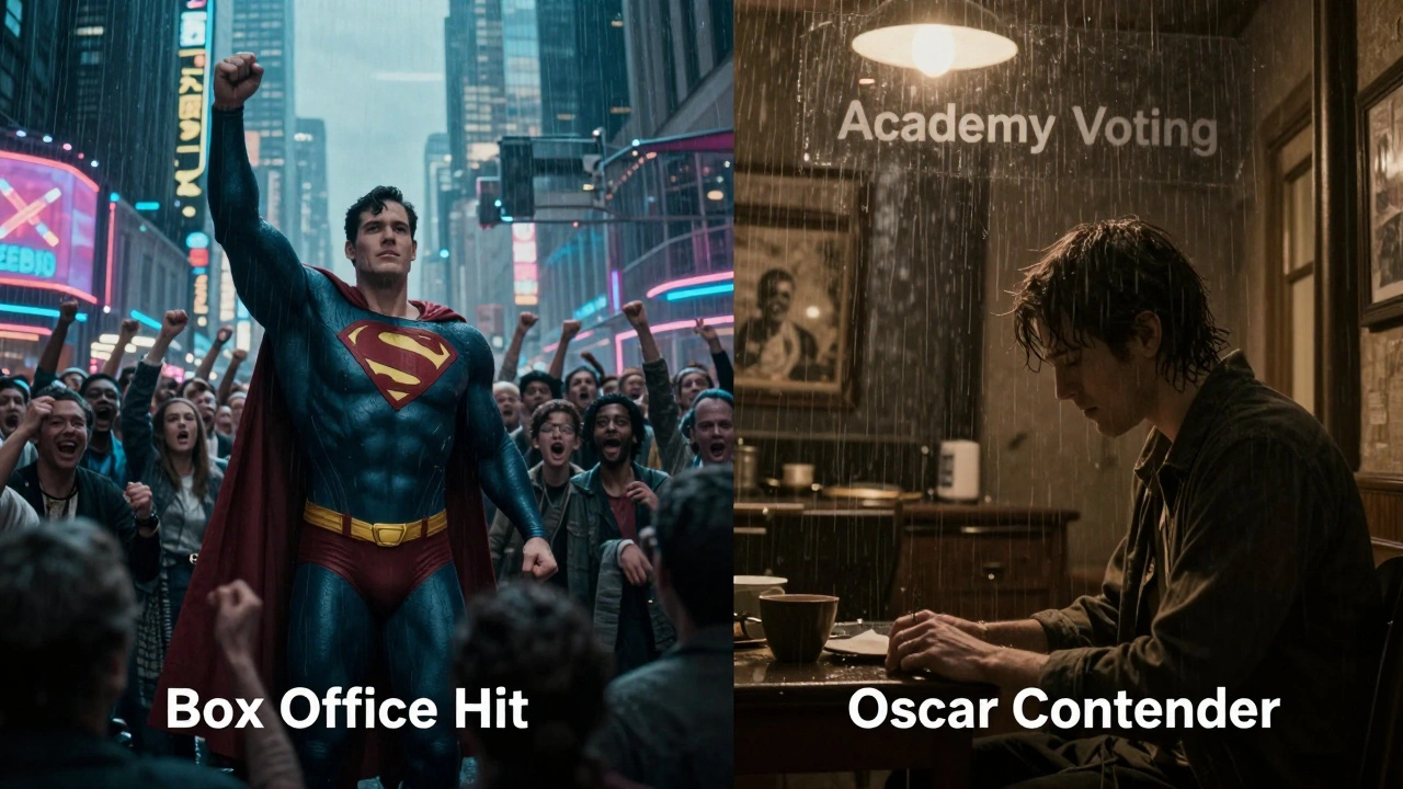 Contrasting a blockbuster superhero movie with an indie Oscar contender, separated by a voting wall.