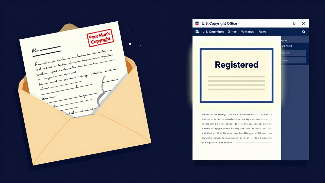 Contrasting images: a crumbling mailed script versus a digitally registered screenplay with a certificate.