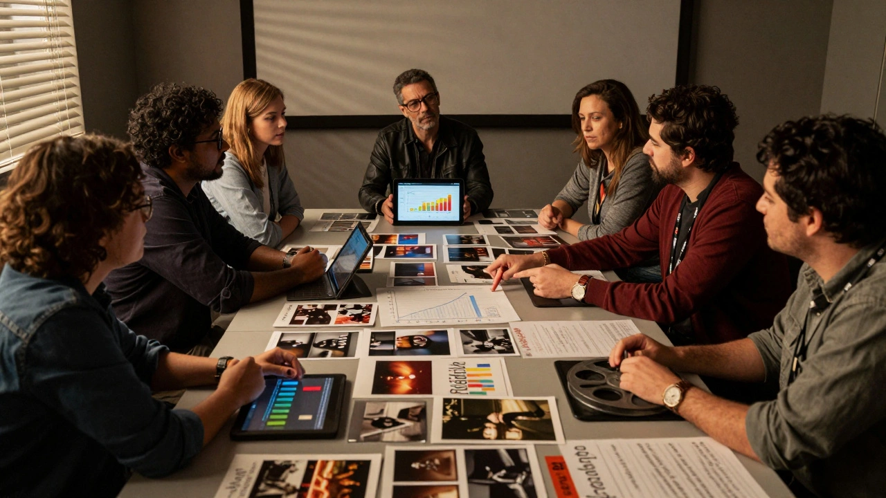 Curators reviewing film stills and diversity metrics in a screening room, with graphs and film reels on the table.