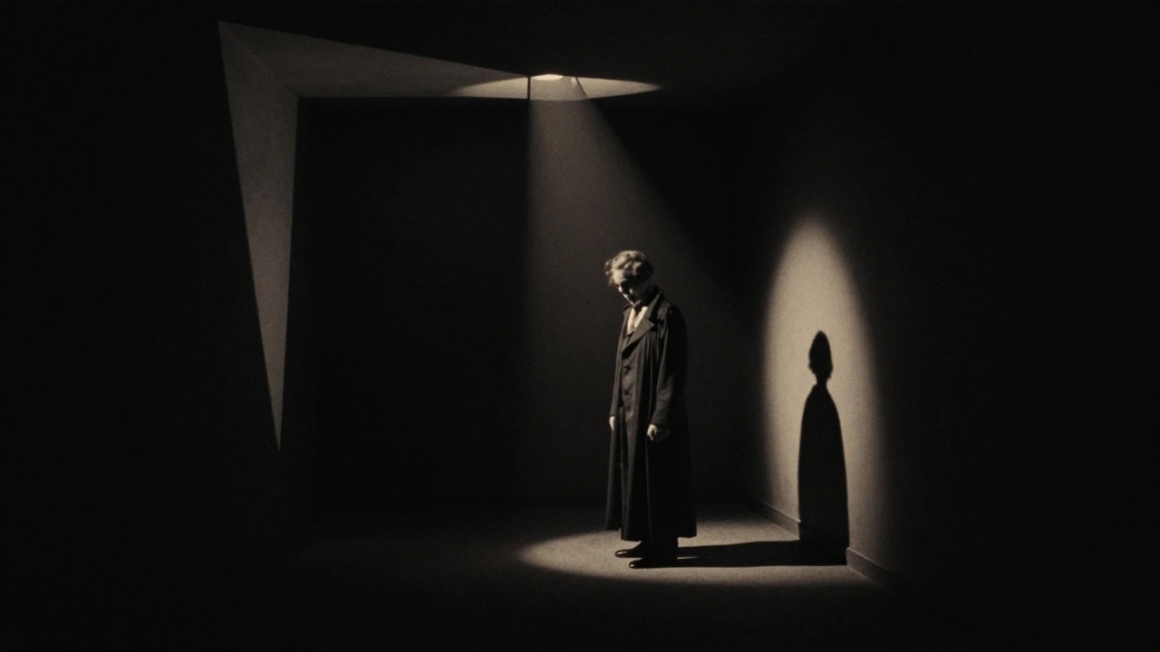 Dark room with high contrast spotlight on face, expressionist style shadows.