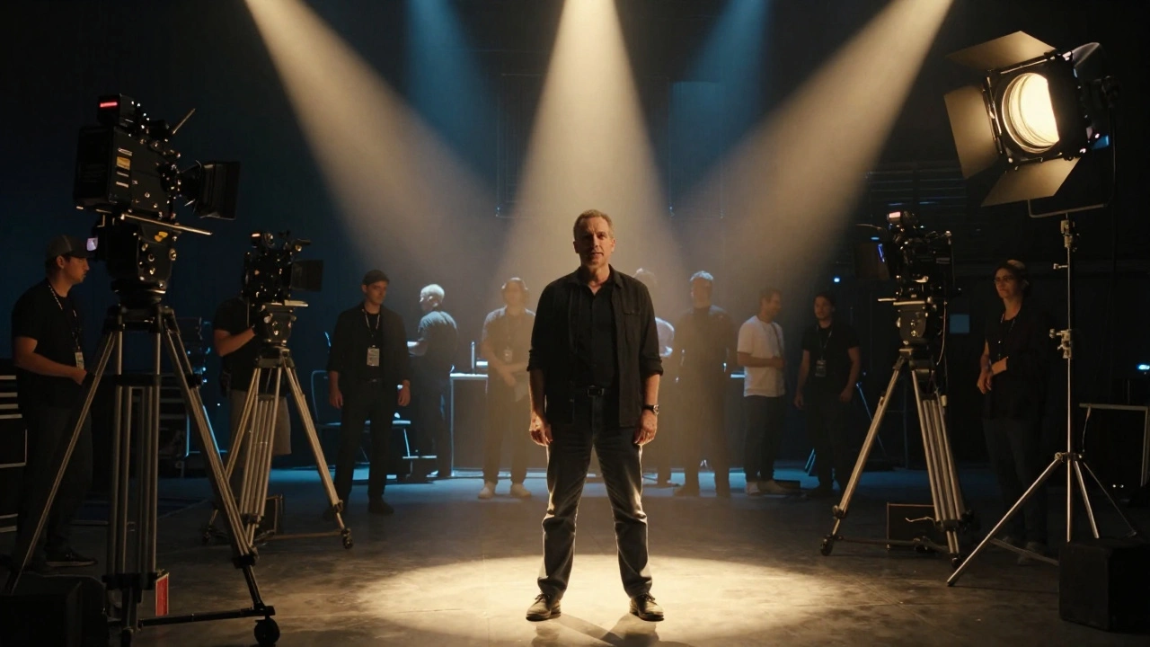 Director overseeing a film set with dramatic lighting effects