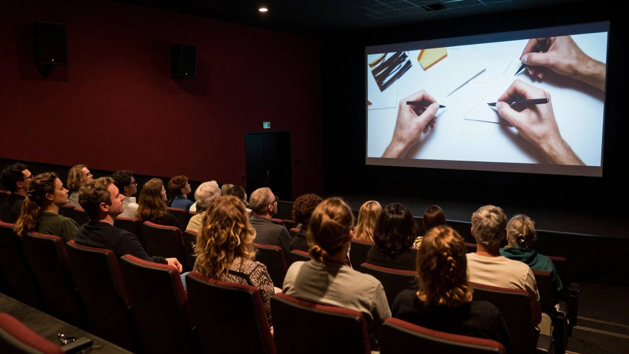 Diverse audience in a dark theater watching silent, human moments on screen, no titles, cinematic realism.