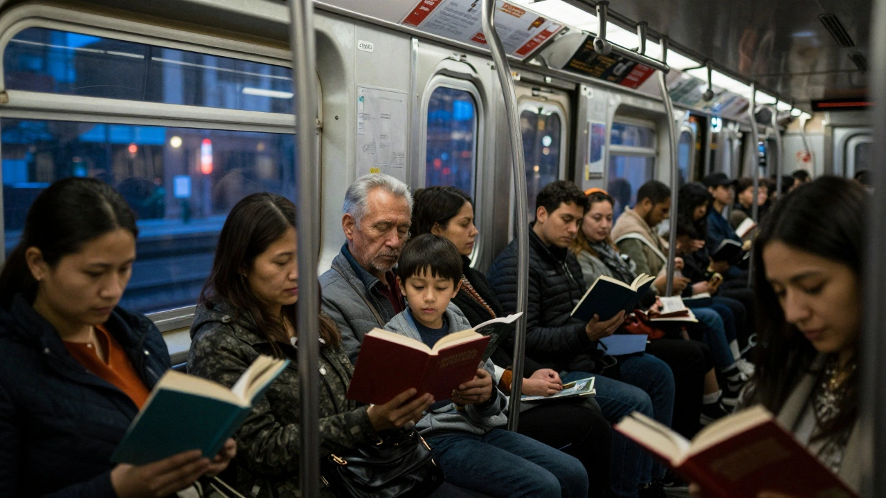 Diverse commuters on a subway read poetry aloud, their faces softly lit by interior light.