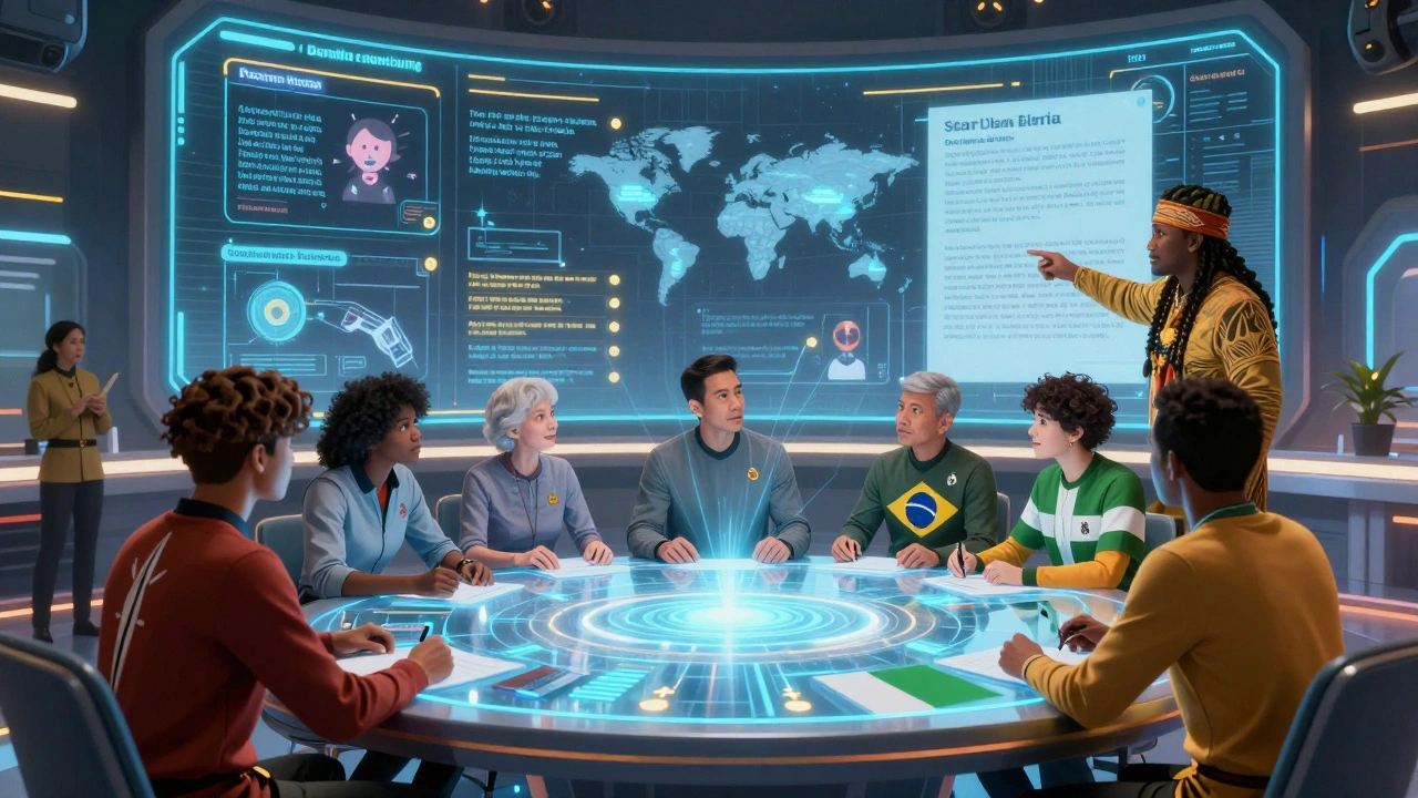 Diverse fans and creators collaborating on a holographic story panel, shaping a new film's plot with global fan ideas floating around them.