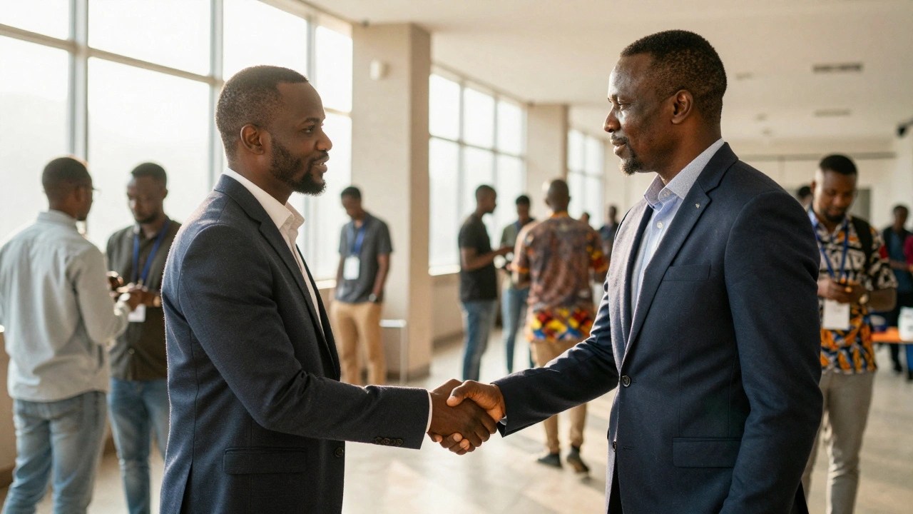 Diverse professionals shaking hands at a film market event
