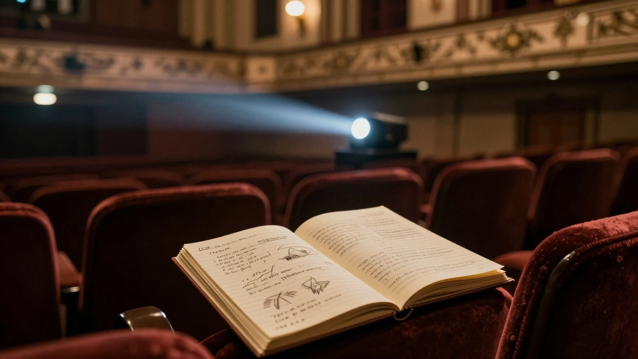 Dusty vintage movie theater with open notebook on seat.