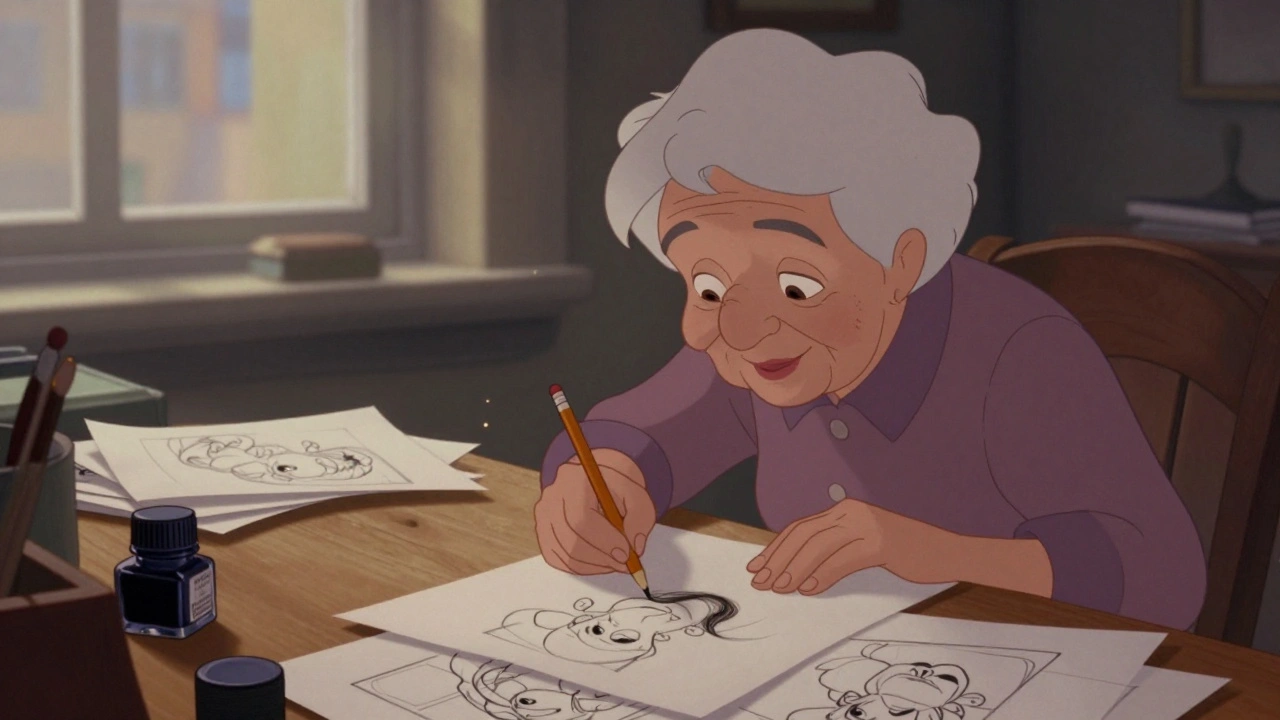 Elderly animator carefully drawing a single hair movement on paper, surrounded by traditional animation tools.
