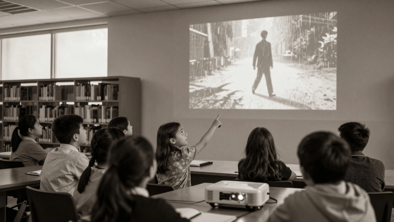 Elementary students in a library captivated by a silent film projected on a wall, one girl pointing in wonder as shadows move across the screen.