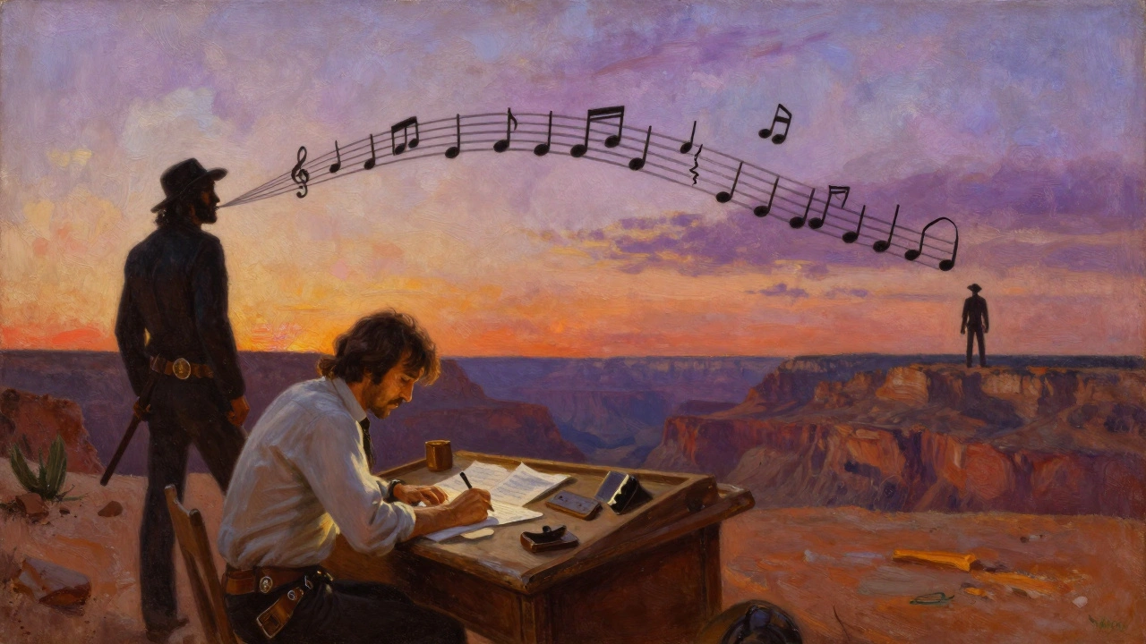 Ennio Morricone composing as musical notes become whistles and choirs in a desert sunset.