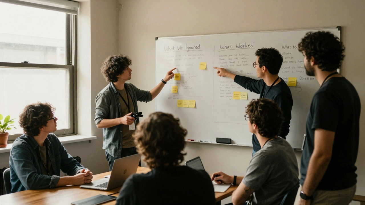 Film crew members gathered around a whiteboard filled with sticky notes discussing lessons learned after a film's release.