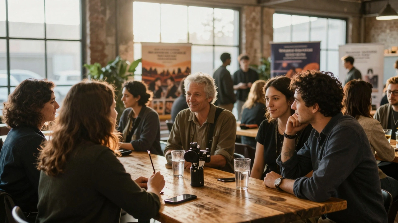 Film festival attendees conversing in lobby