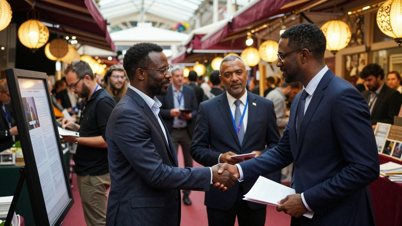 Film professionals network in the bustling Marché du Film at Cannes, shaking hands over contracts under warm lantern light.