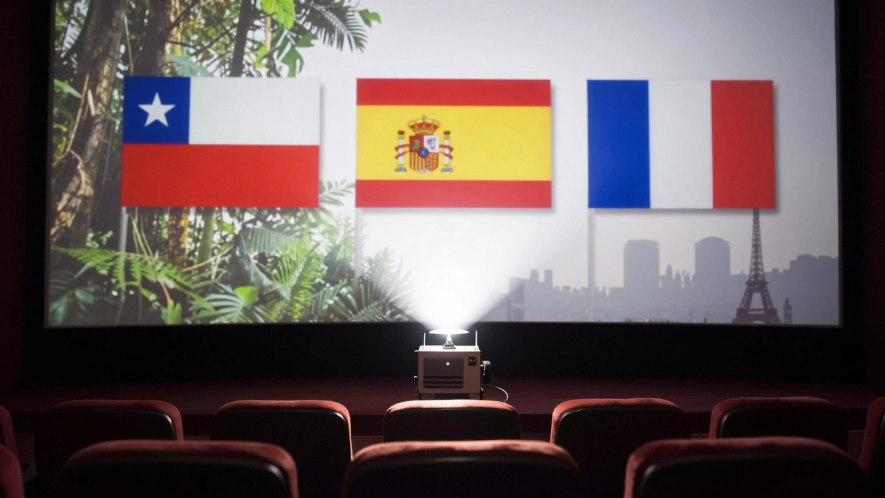 Film projector casting shadows of three national flags onto a cinema screen, representing international collaboration.
