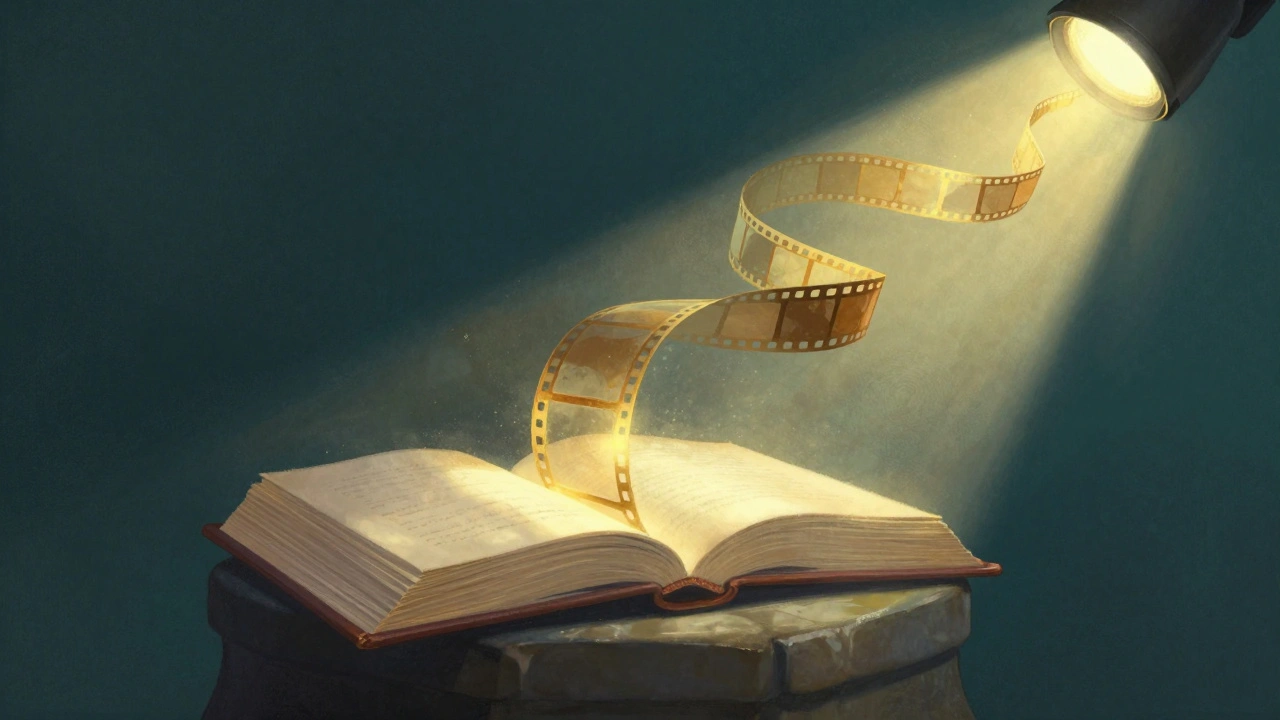Film strip flowing from glowing book under spotlight