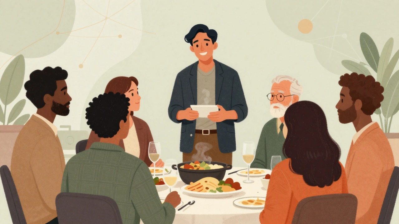 Filmmaker discussing with community members at a post-screening potluck dinner.